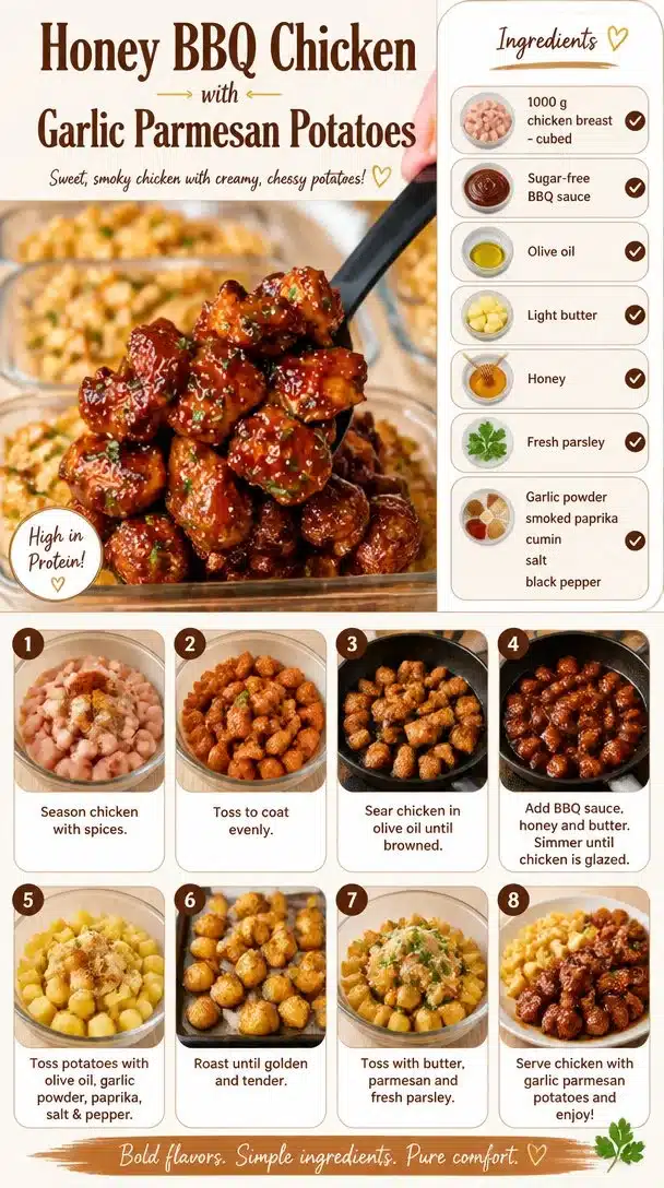 Honey BBQ Chicken served with garlic parmesan roasted potatoes
