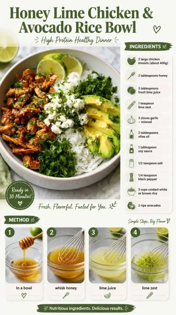 Honey Lime Chicken served in a colorful avocado rice bowl