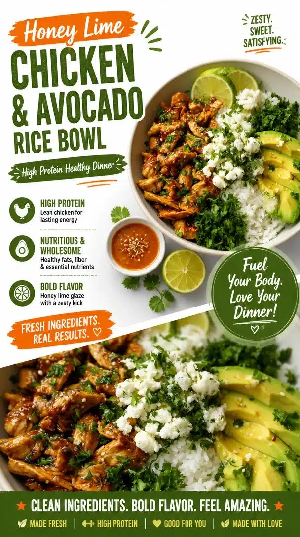 Honey Lime Chicken served in an avocado rice bowl with fresh ingredients.