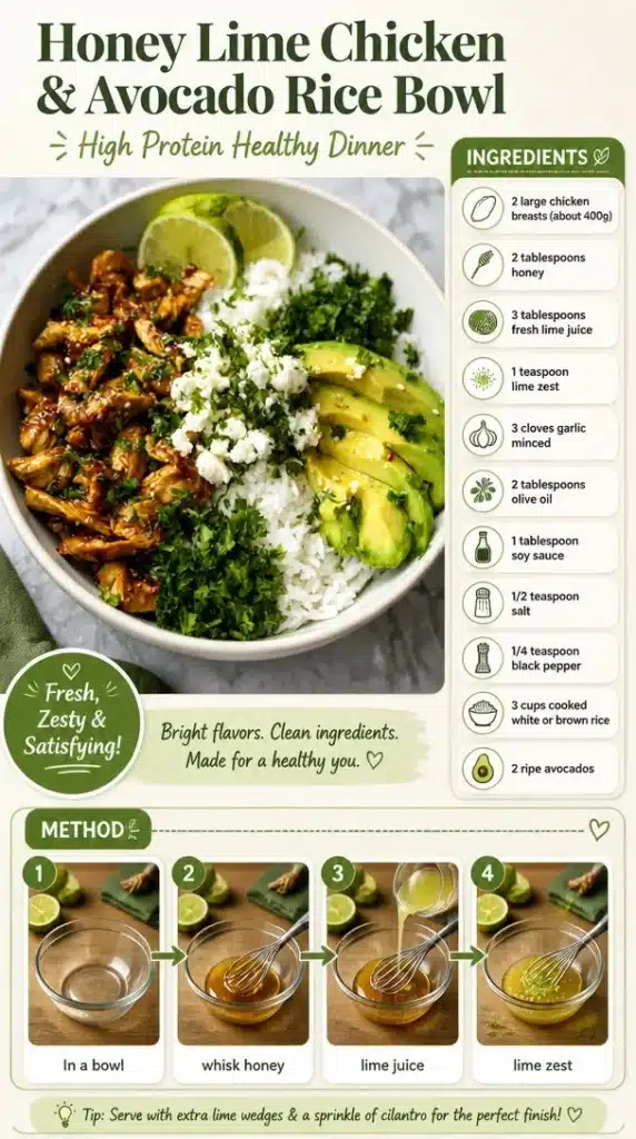Honey Lime Chicken served with Avocado Rice in a vibrant bowl