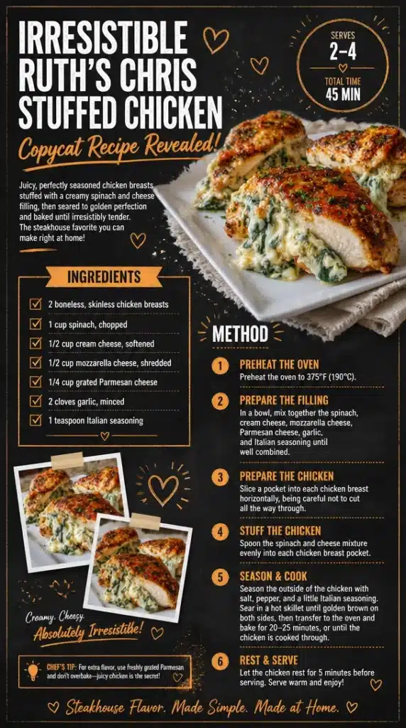 Delicious stuffed chicken inspired by Ruth's Chris restaurant recipe