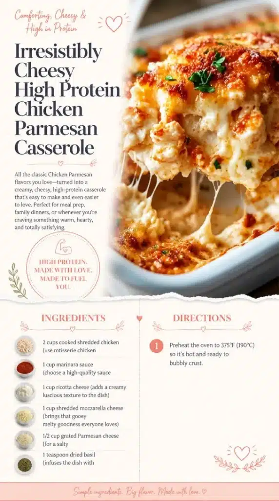 Cheesy high protein chicken parmesan casserole served in a dish.
