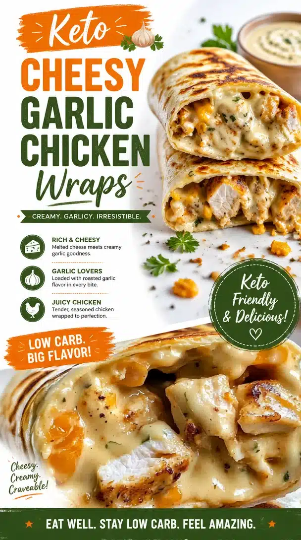 Delicious Keto Cheesy Garlic Chicken Wraps on a plate