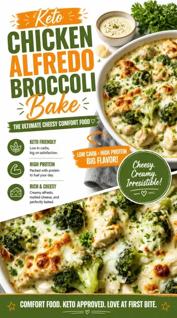 Keto Chicken Alfredo Broccoli Bake, a cheesy low-carb comfort food dish
