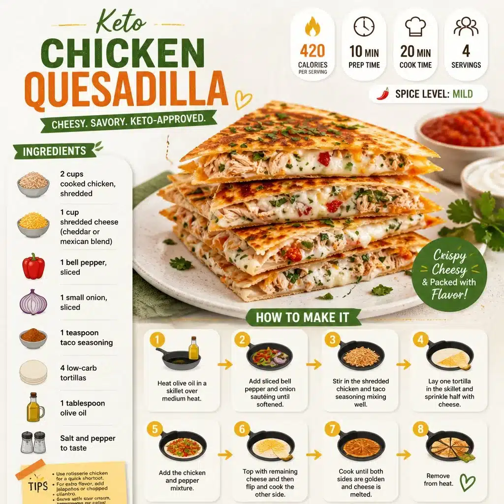 Keto Chicken Quesadilla with melted cheese and grilled chicken in a low-carb wrap.