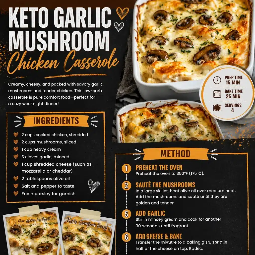 Delicious Keto Garlic Mushroom Chicken Casserole served in a bowl