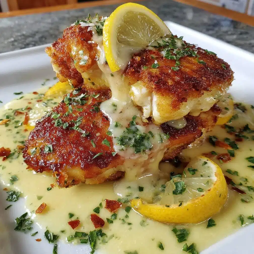 Lemon Pecorino Crusted Chicken served with creamy lemon sauce