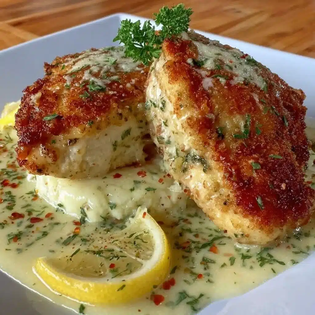 Lemon Pecorino Crusted Chicken served with creamy lemon sauce