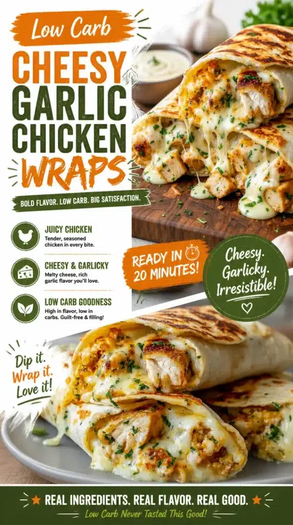 Low carb cheesy garlic chicken wraps served on a plate