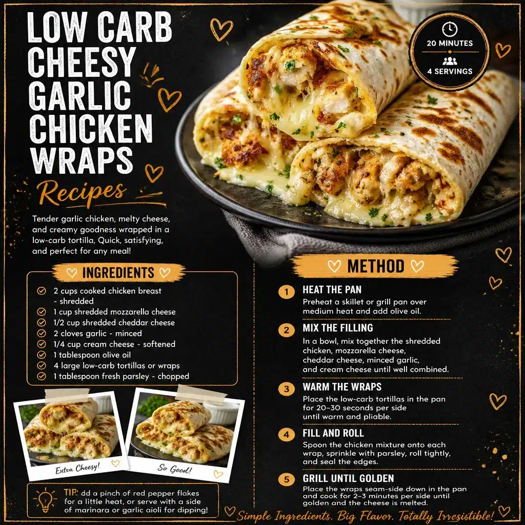 Delicious low carb cheesy garlic chicken wraps ready to serve
