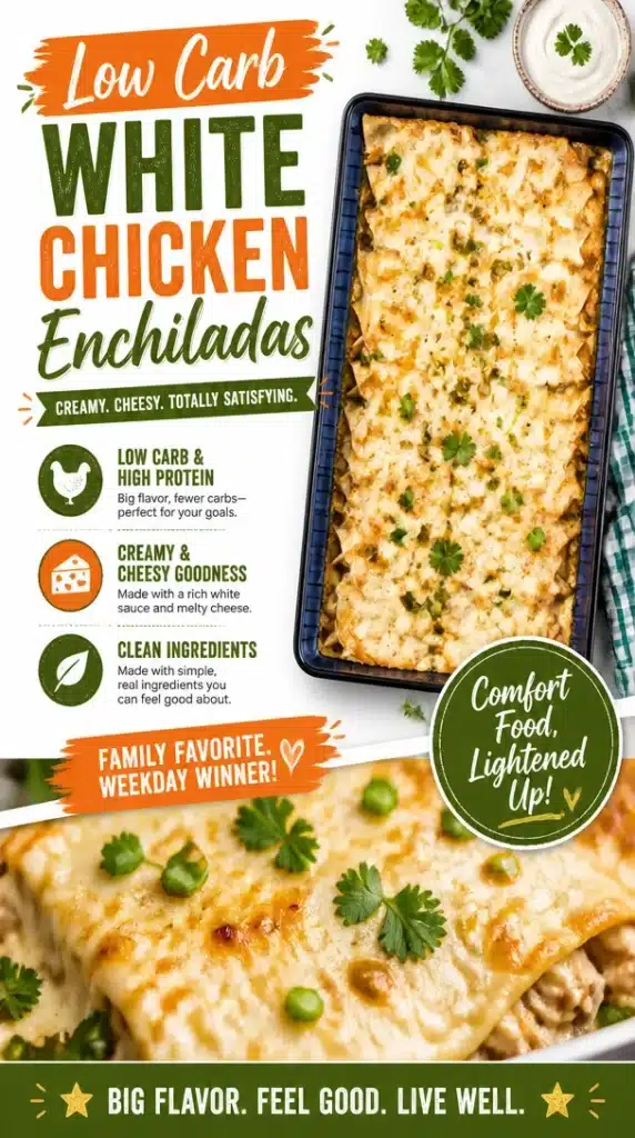 Low carb white chicken enchiladas with creamy sauce and fresh toppings