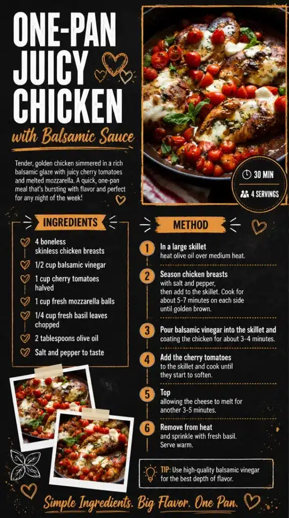One-Pan Juicy Chicken with Balsamic Sauce cooked in a skillet