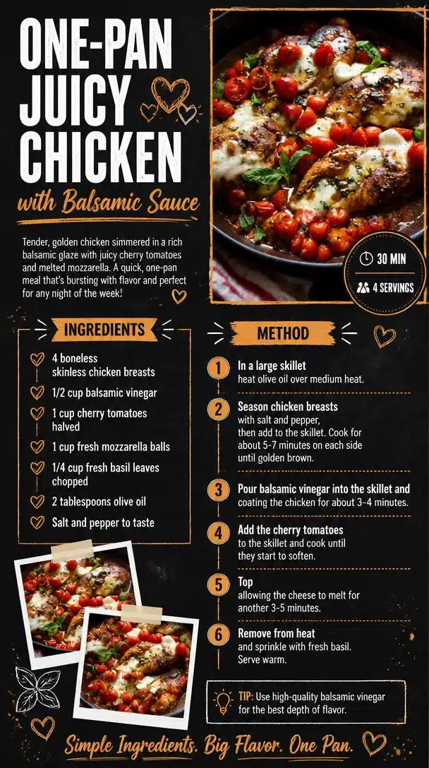 One-Pan Juicy Chicken with Balsamic Sauce cooked in a skillet