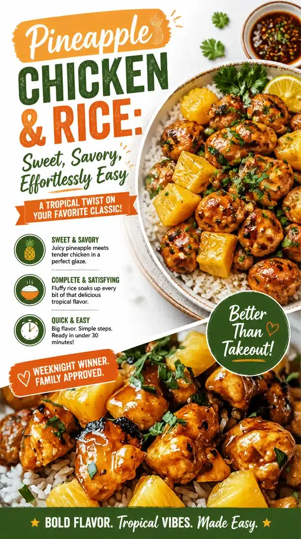Pineapple Chicken served with rice, a sweet and savory dish.