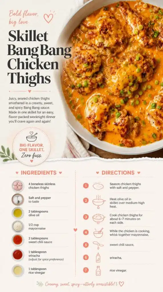 Skillet Bang Bang Chicken Thighs served on a plate with a spicy sauce