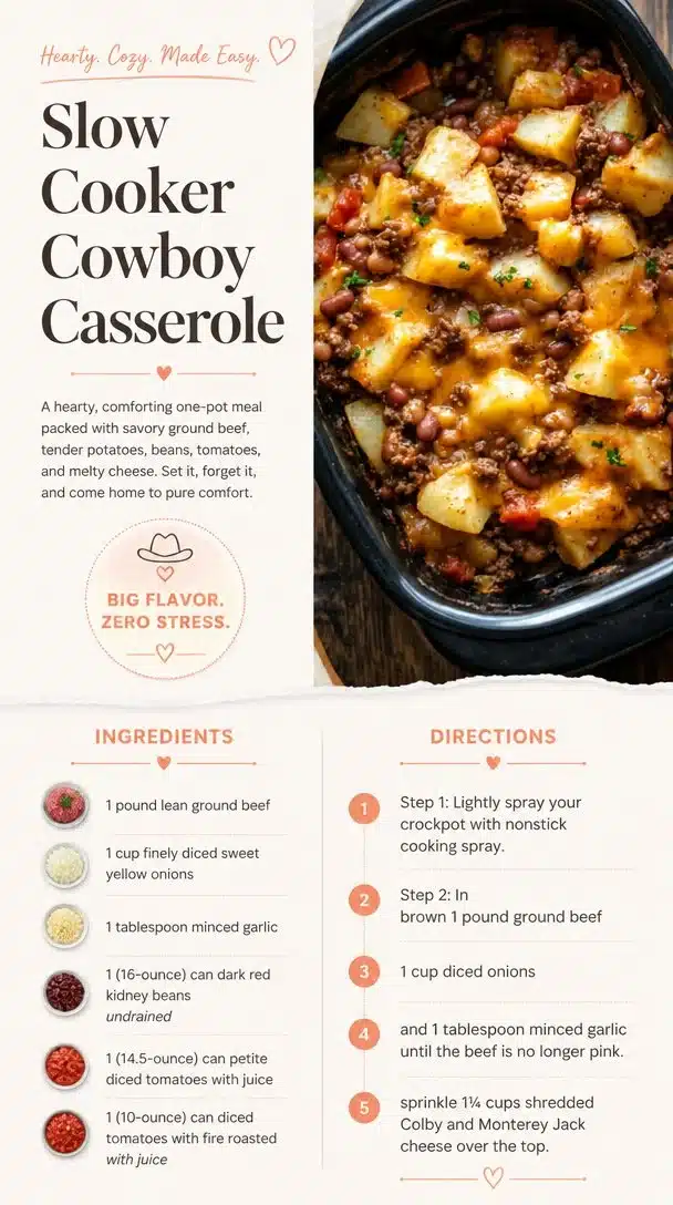 Delicious slow cooker cowboy casserole with beef, beans, and cheese