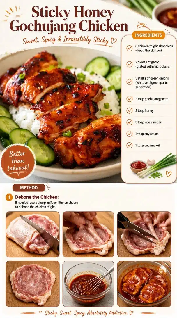 Sticky Honey Gochujang Chicken glazed with sweet and spicy sauce