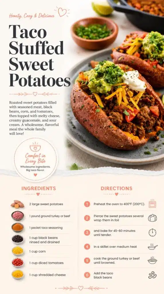 Delicious taco stuffed sweet potatoes topped with fresh ingredients