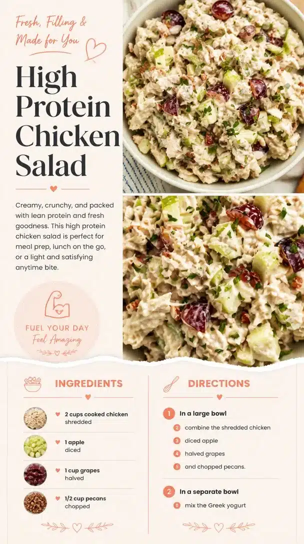 High protein chicken salad with fresh vegetables and dressing