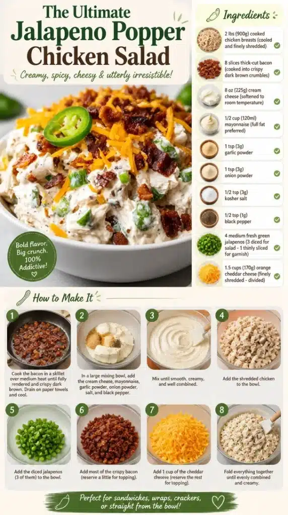 Bowl of ultimate jalapeno popper chicken salad garnished with jalapenos and cheese