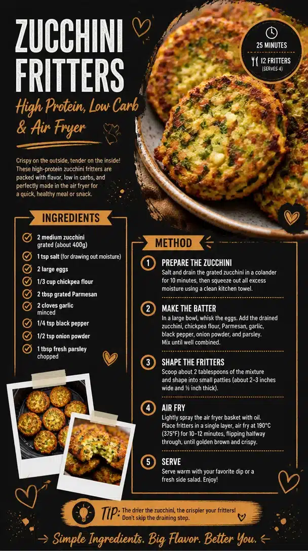 High protein low carb zucchini fritters made in an air fryer