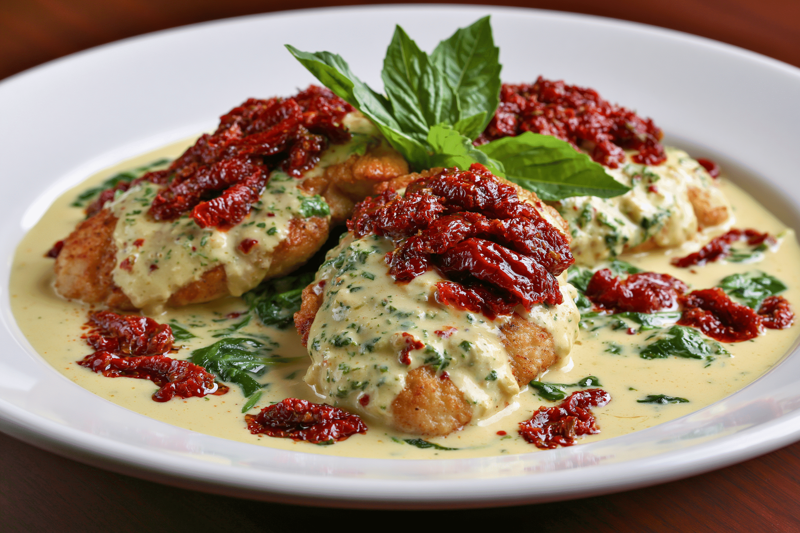 A beautifully plated dish of Tuscan chicken with creamy sauce, sun-dried tomatoes, and spinach, garnished with fresh basil.