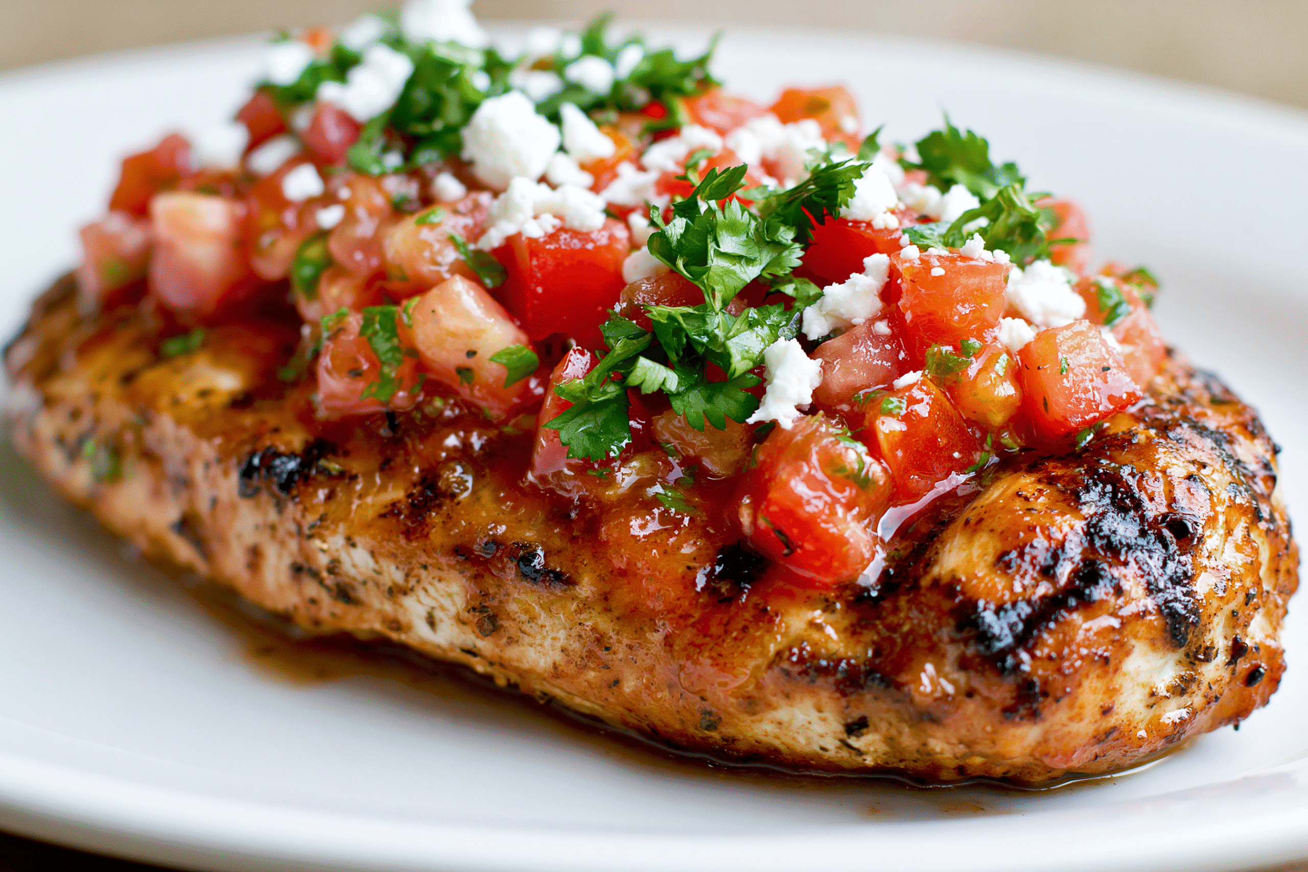 A perfectly browned chicken breast topped with a vibrant tomato salsa, fresh cilantro, and crumbled feta cheese, served on a white plate.