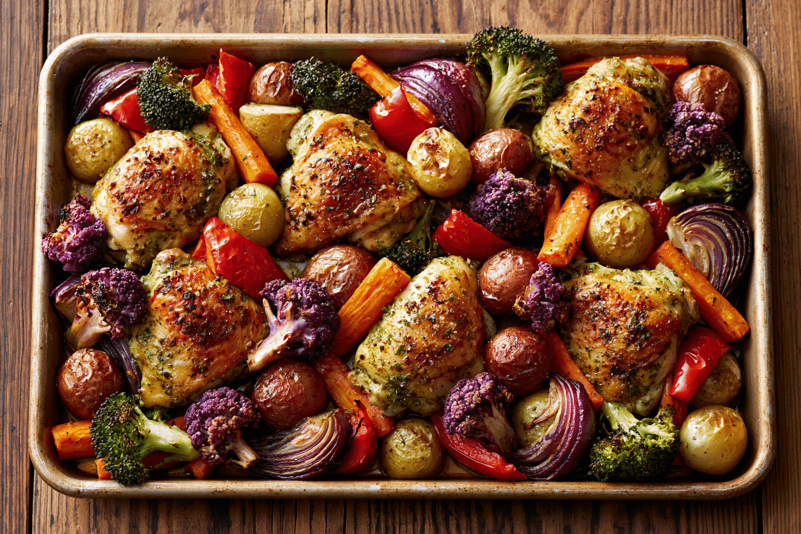 A sheet pan filled with roasted chicken pieces and colorful vegetables, fresh out of the oven, with a golden-brown finish.