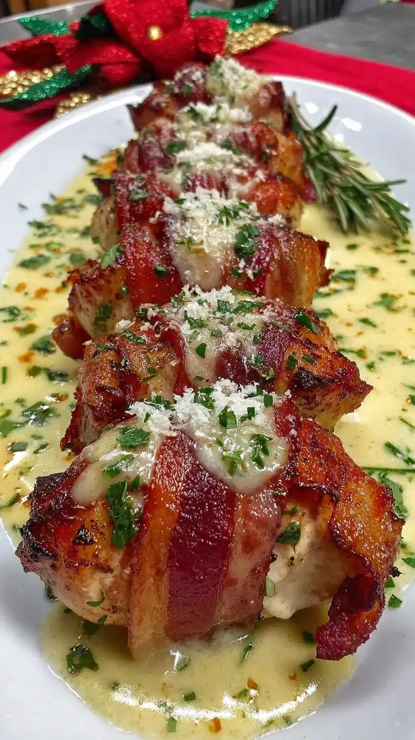 Bacon Wrapped Garlic Parmesan Chicken garnished with herbs on a plate