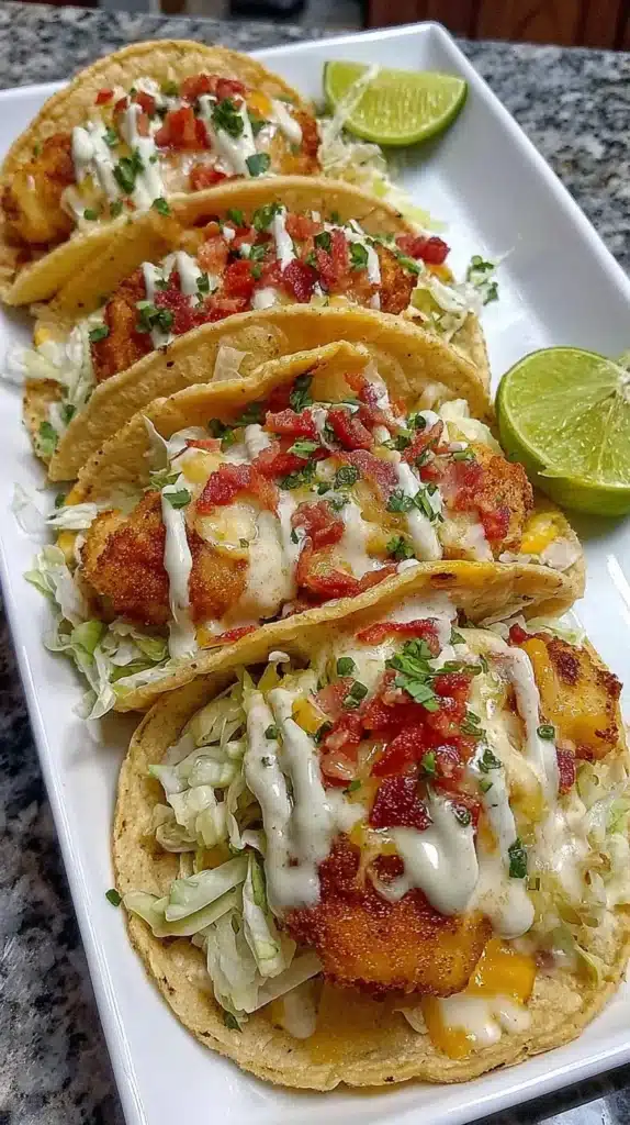 Baked Chicken Bacon Ranch Tacos served on a plate with toppings