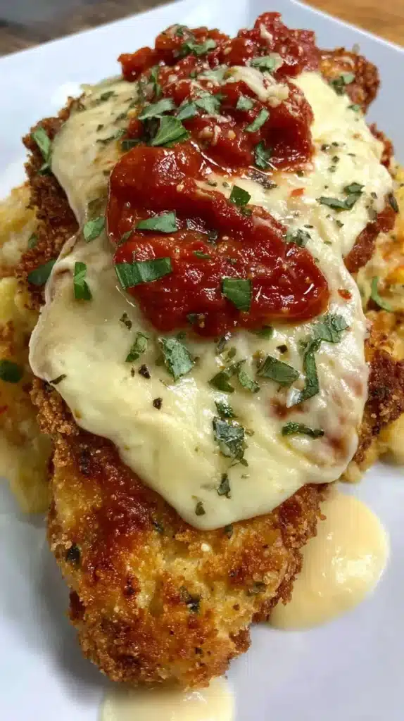 Deliciously baked chicken parmesan served with marinara sauce and cheese