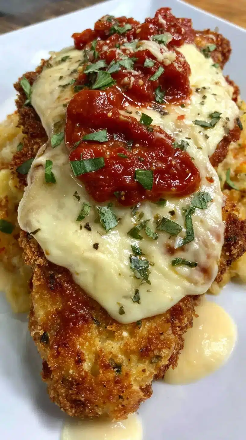 Deliciously baked chicken parmesan served with marinara sauce and cheese