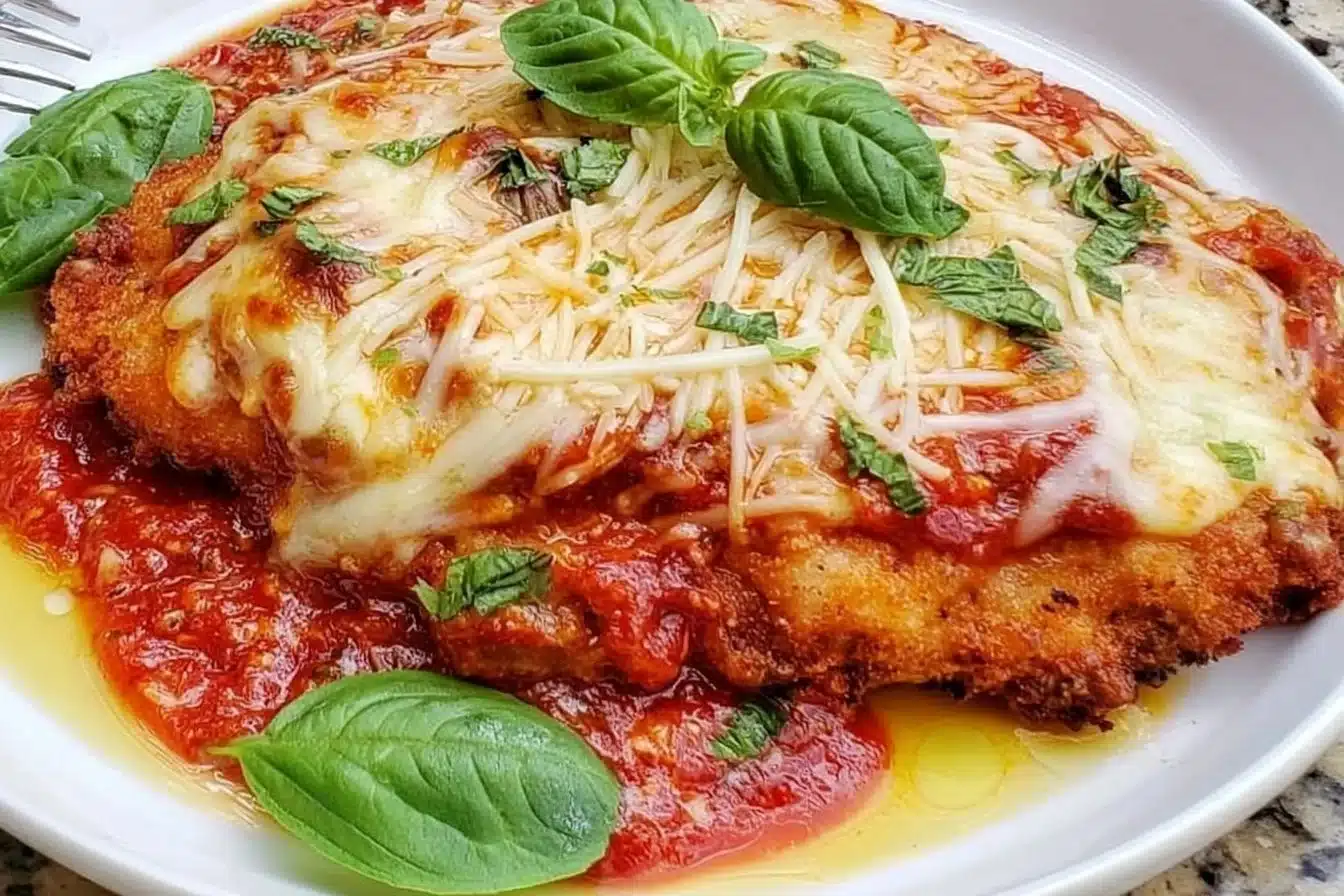 Deliciously baked chicken parmesan served with pasta and fresh herbs