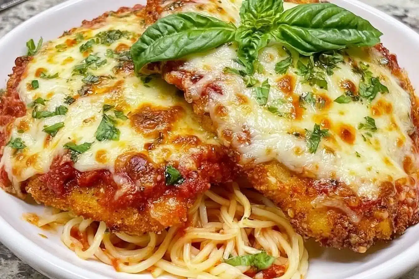 Baked Chicken Parmesan topped with melted cheese and fresh herbs on a plate.