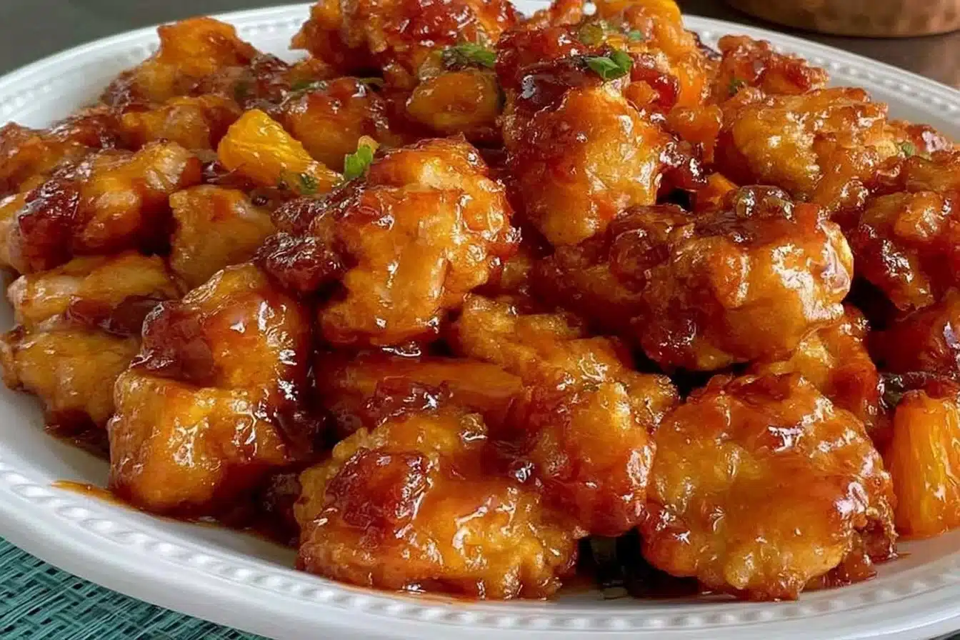 Plate of baked orange chicken garnished with green onions and served with rice.