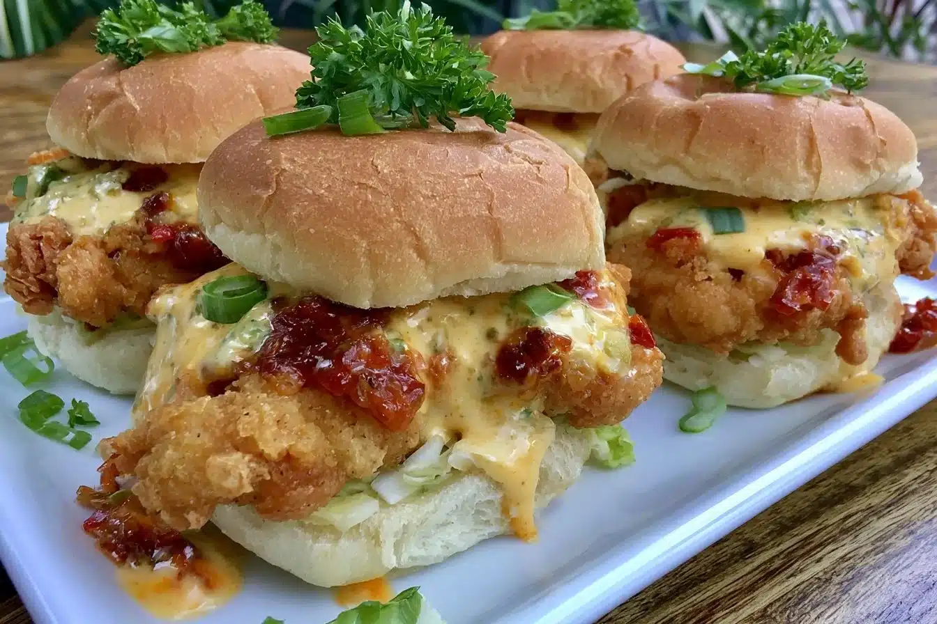 Bang Bang Chicken Sliders served on a platter with garnishes