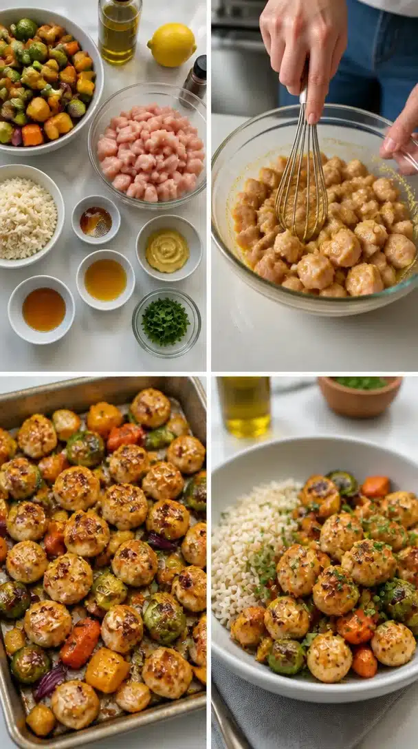 Delicious honey mustard chicken bowls topped with fresh vegetables and grains.