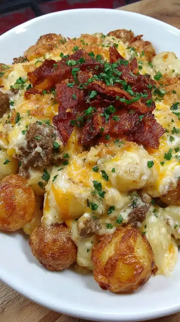Cheesy hamburger potato casserole topped with melted cheese and crispy potatoes