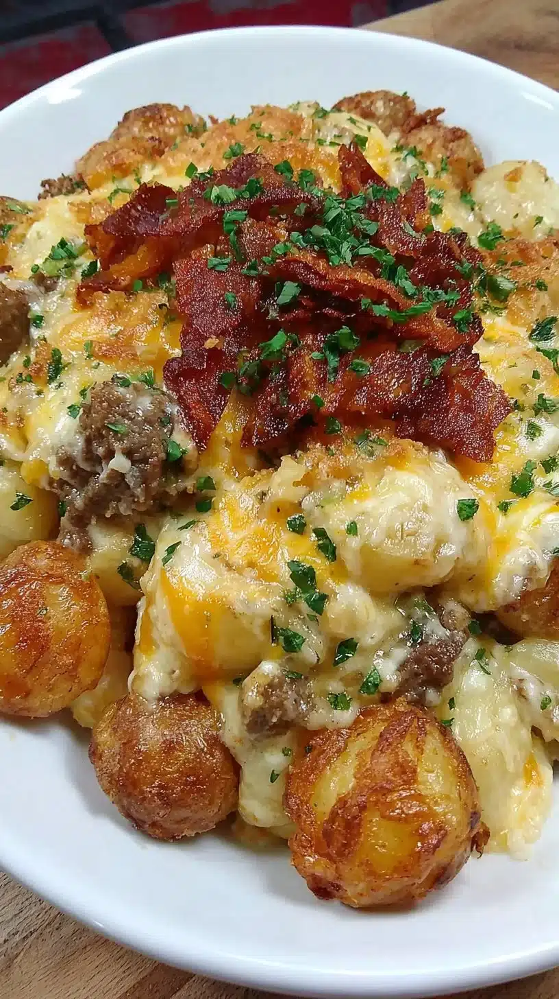 Cheesy hamburger potato casserole topped with melted cheese and crispy potatoes