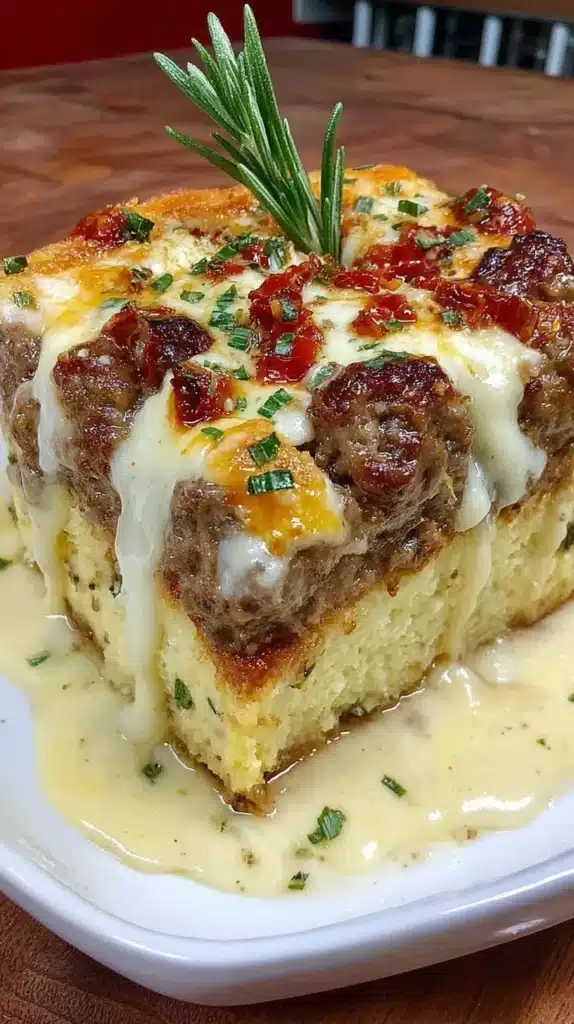 Cheesy Loaded Meatloaf Casserole topped with melted cheese and fresh herbs