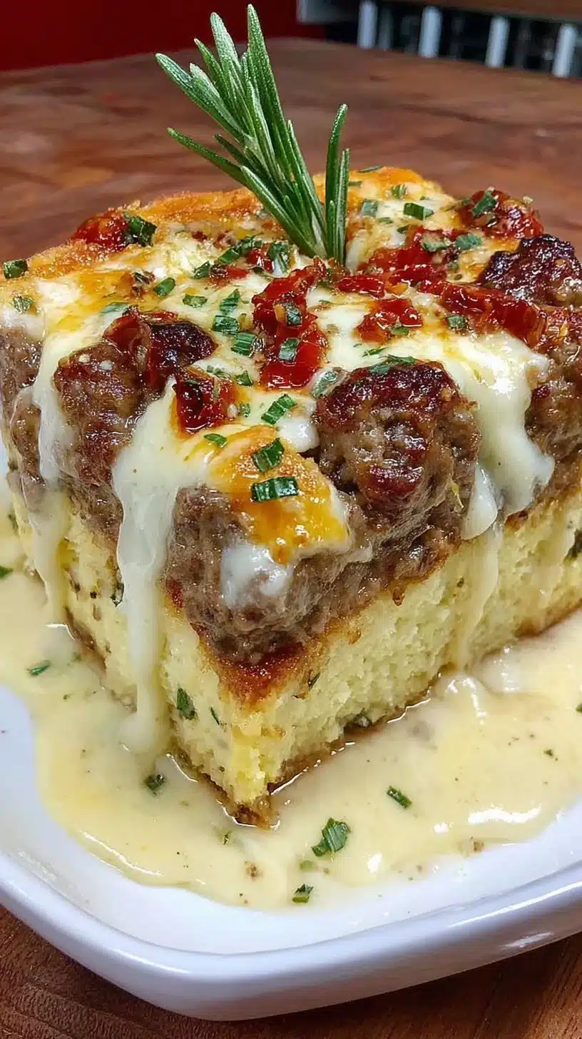 Cheesy Loaded Meatloaf Casserole topped with melted cheese and fresh herbs