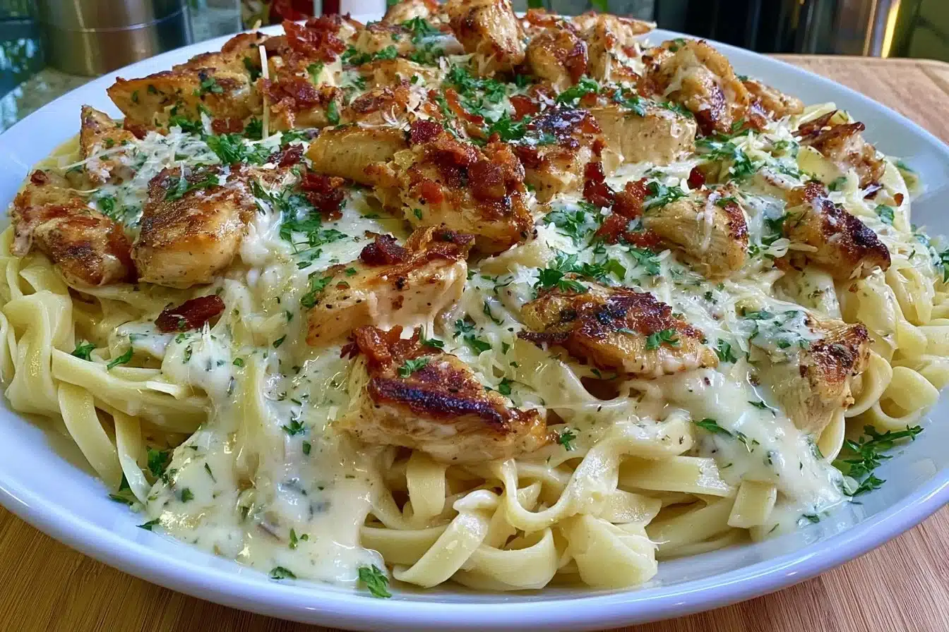 Delicious Chicken Fettuccine Alfredo with creamy sauce and fresh parsley on top