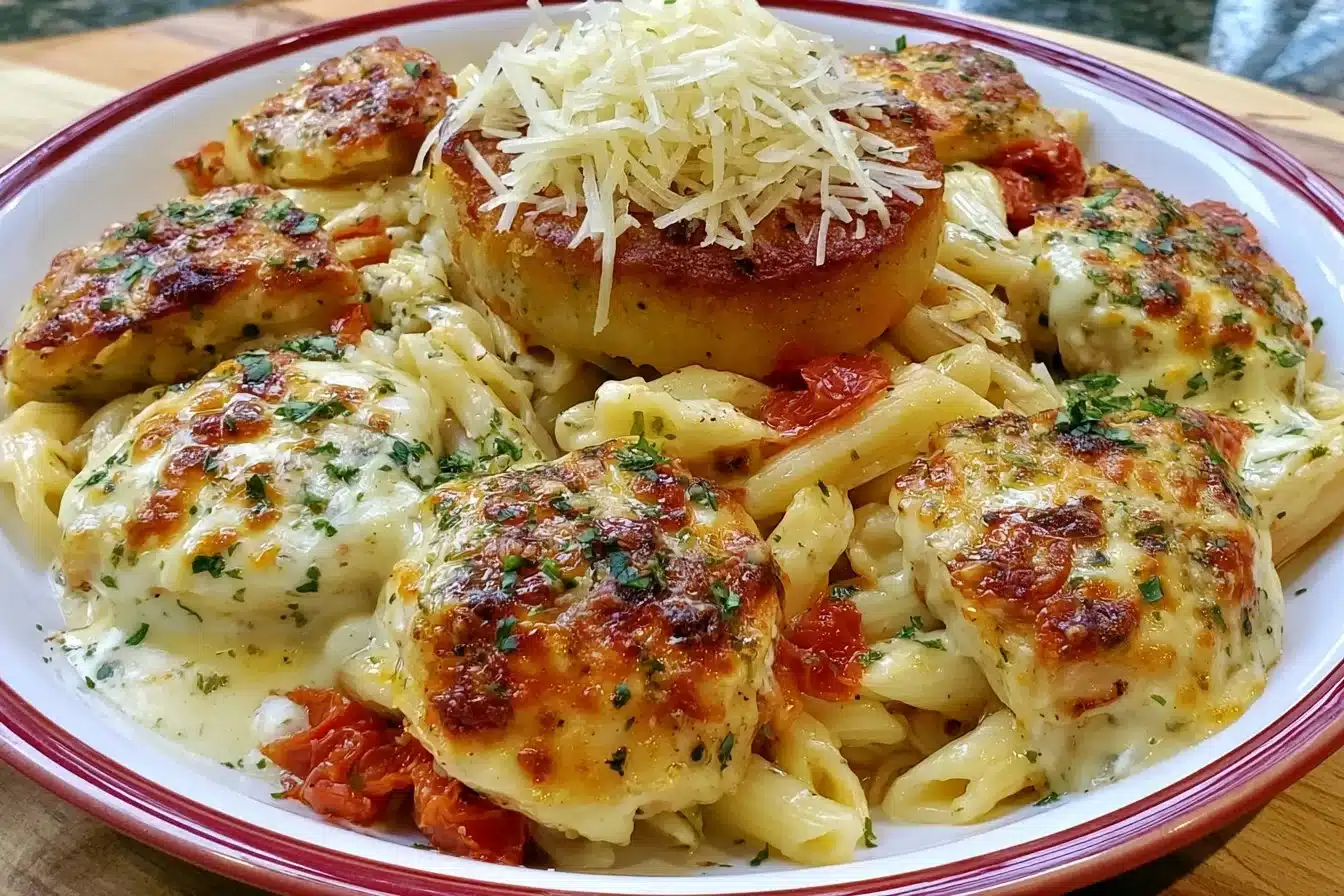 Delicious Chicken Mozzarella Pasta topped with melted mozzarella and herbs.