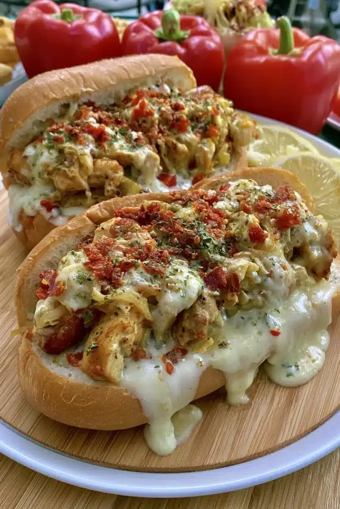 Delicious Chicken Philly Cheese Steaks served with melted cheese and fresh veggies