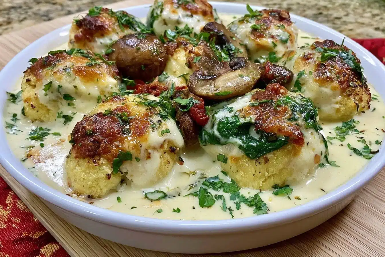 Low carb oven dish featuring chicken, spinach, and mushrooms for a healthy meal.