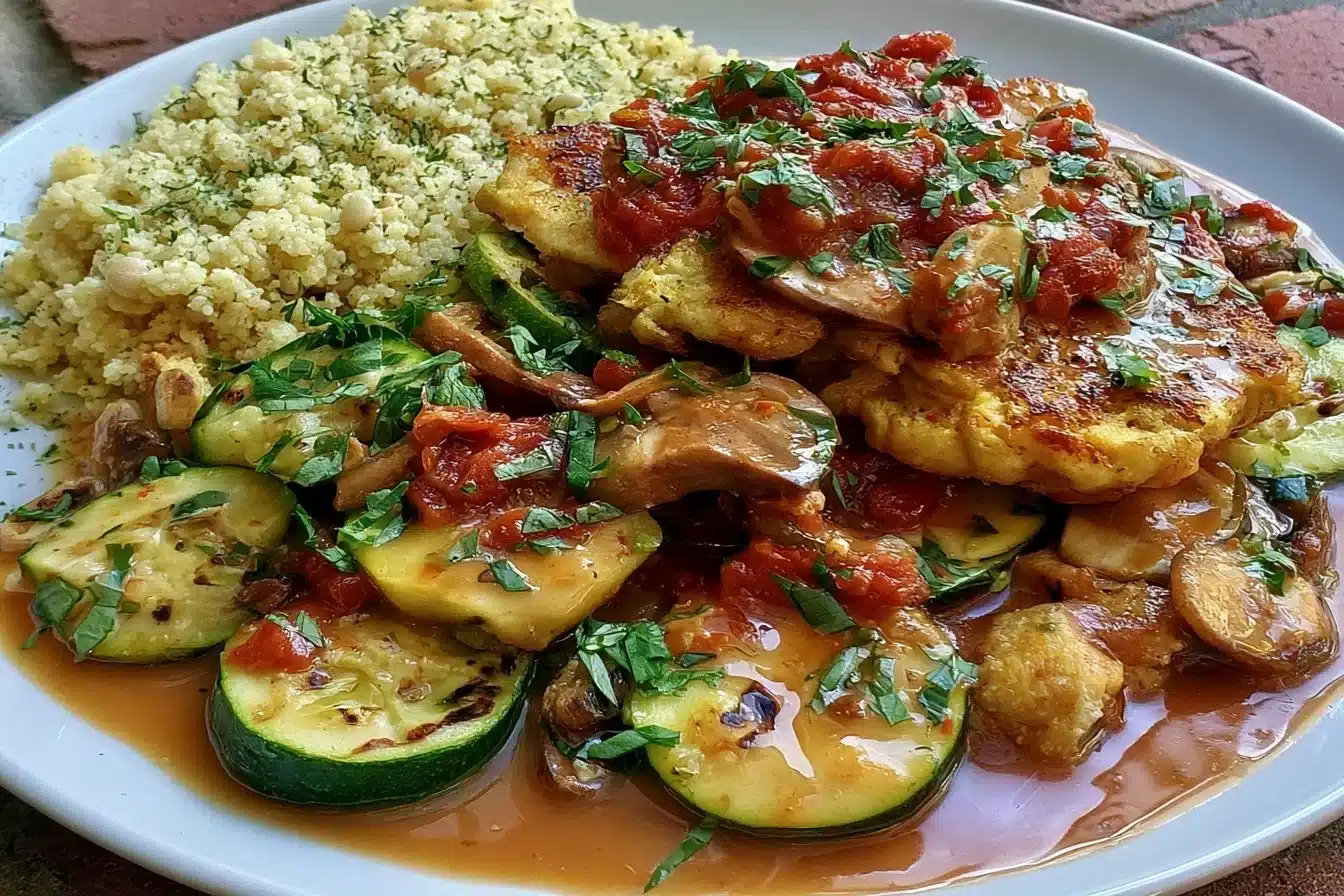 Healthy chicken zucchini stir fry served in a bowl with colorful veggies