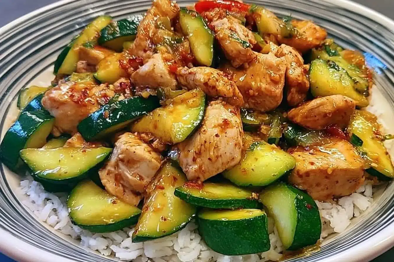 Delicious chicken zucchini stir fry in a skillet for a quick weeknight meal.