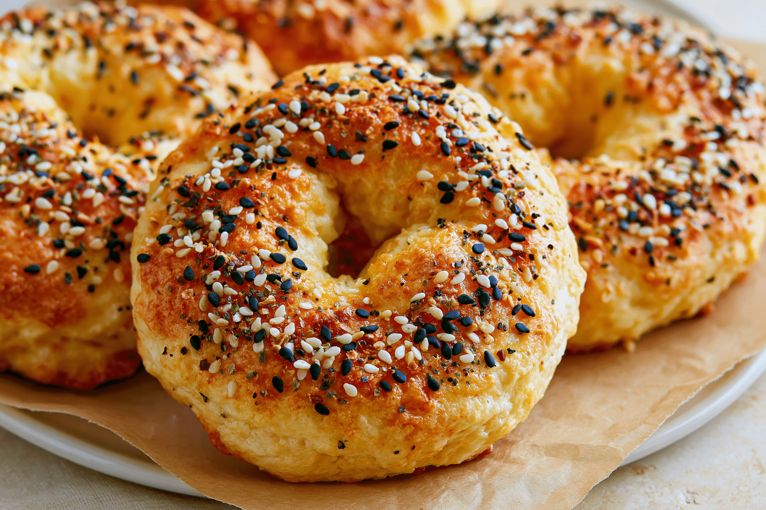 Close-up shot of freshly baked air fried cottage cheese protein bagels, golden brown and sprinkled with everything bagel seasoning, on a piece of parchment paper.