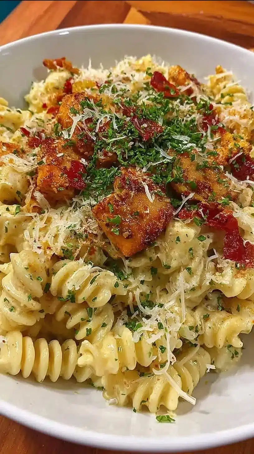 Delicious plate of Crack Chicken Pasta topped with herbs and cheese
