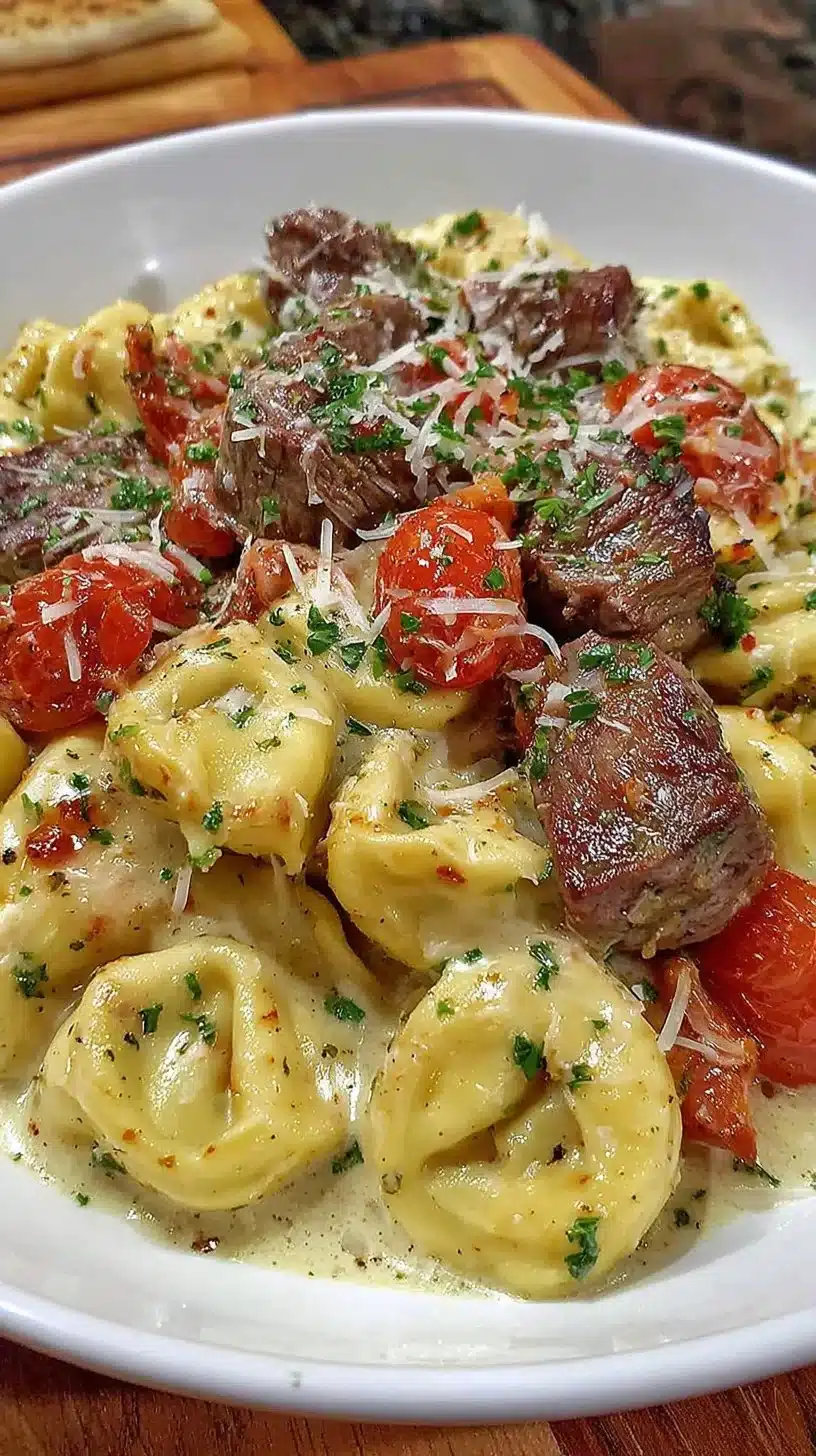 Cracked garlic steak tortellini in creamy sauce topped with herbs